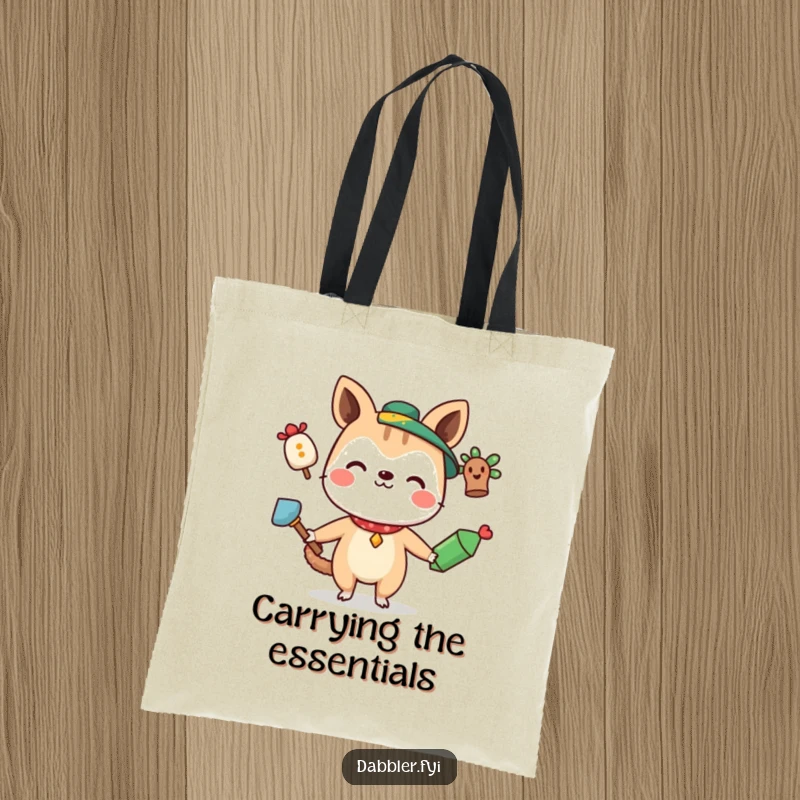 Funny Tote Bag with a curious animal character smiling while juggling three quirky items, perfect for carrying everyday essentials.