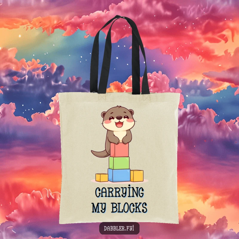 Funny Tote Bag: A delighted otter character balancing a colorful tower of building blocks, showcasing playful balance.