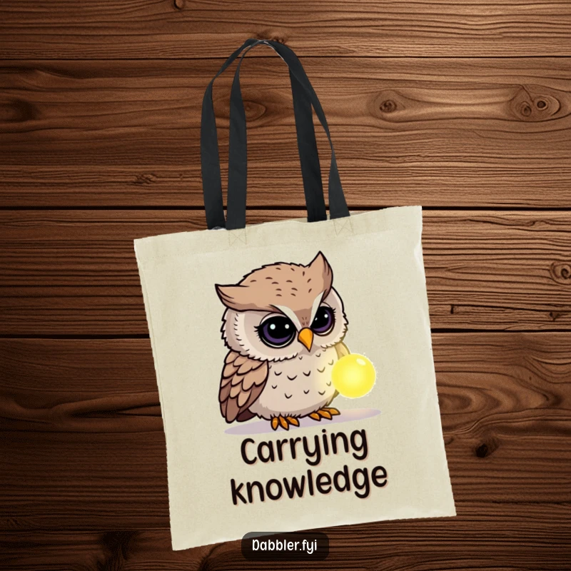Funny Owl Tote Bag: A curious owl character inspects a glowing, mysterious object, great for carrying secrets and humor.