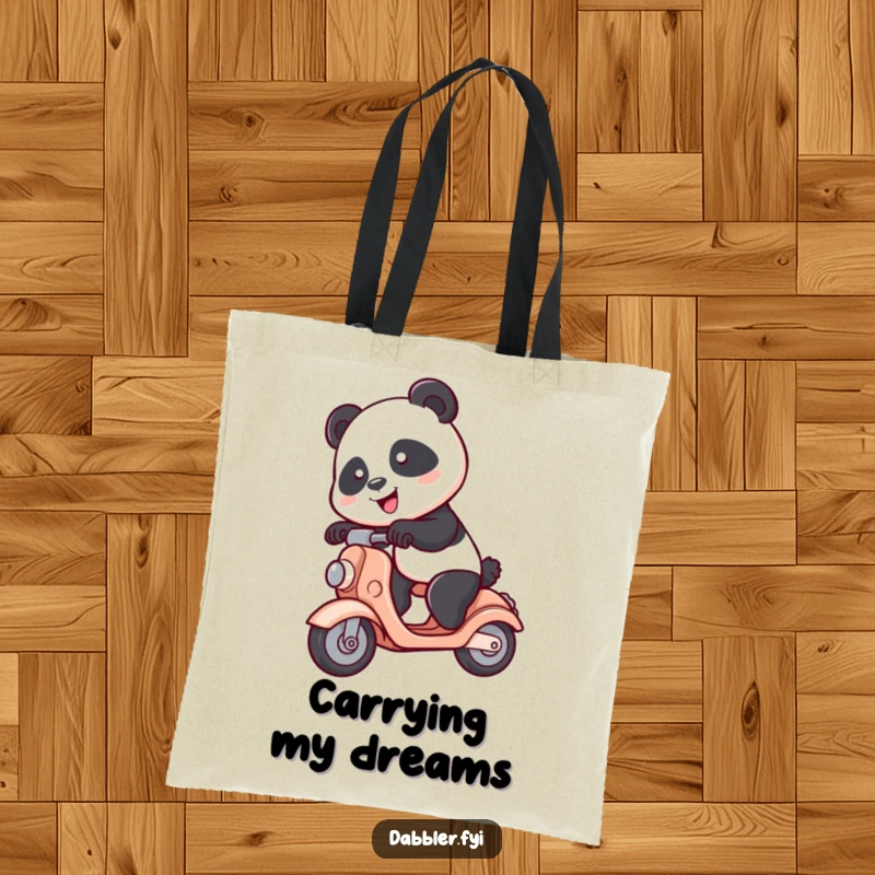 Funny Panda Tote Bag: A spunky panda character playfully rides a toy scooter, perfect for carrying your humor and essentials.