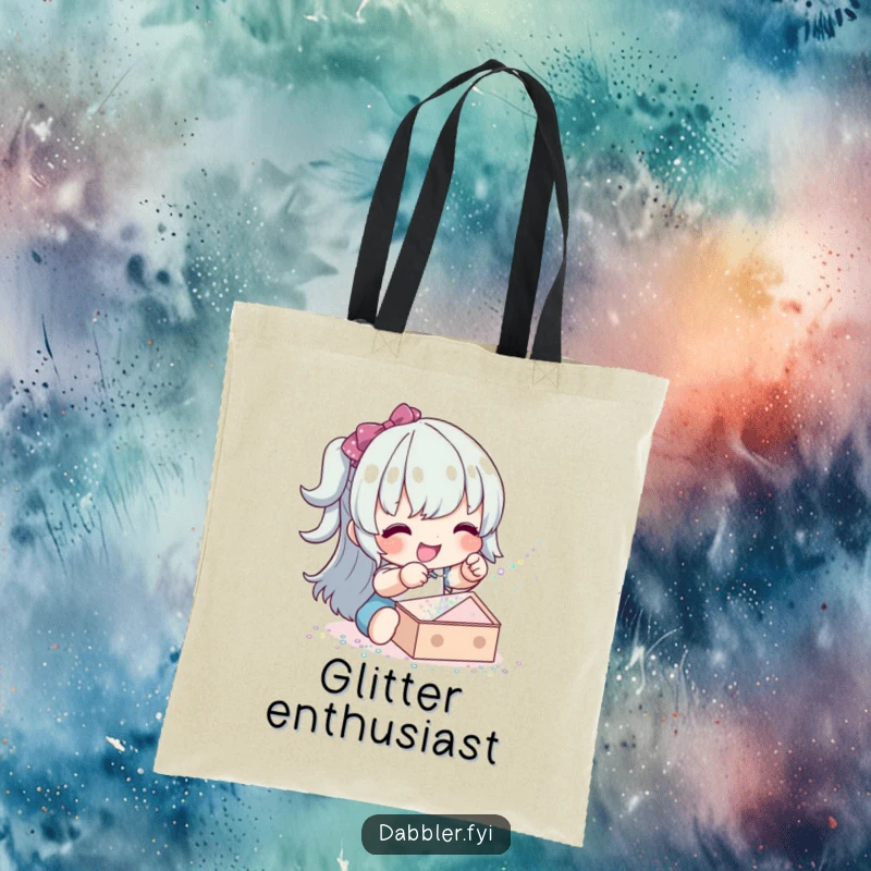 Funny glitter sprinkler tote bag with a happy character sprinkling glitter, ideal for carrying supplies and showcasing creative flair.