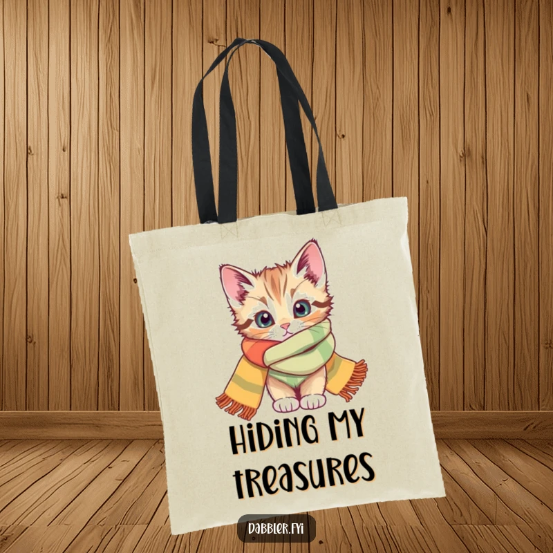 Funny tote bag with a curious kitten peeking from a colorful scarf, practical and a great funny gift.