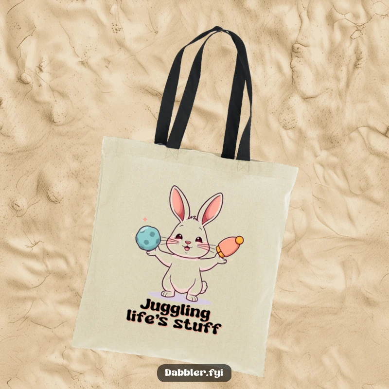 Funny tote bag featuring a rabbit juggling bright, colorful objects, practical and a great funny gift.