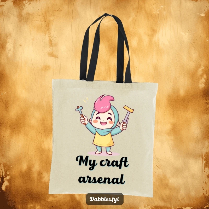 Funny crafter tote bag showing a smiling character juggling crafting tools, ideal for carrying supplies and showcasing maker pride.
