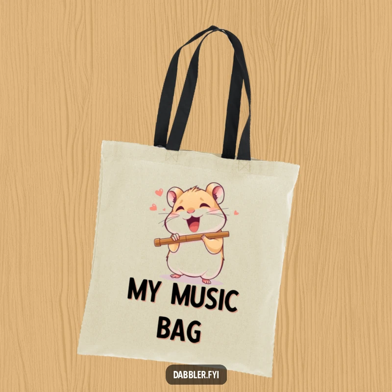 Funny tote bag with a delighted hamster character playing a miniature flute with joyful abandon, a charming and humorous accessory.