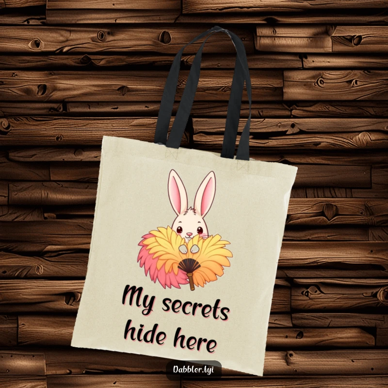 Funny Tote Bag featuring a mischievous rabbit peeking playfully from behind a large, colorful feather fan, ideal for stylish and humorous carry-alls.