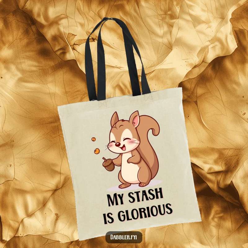 Funny squirrel tote bag showing a playful squirrel enthusiastically tossing an acorn, perfect for carrying essentials with a smile.