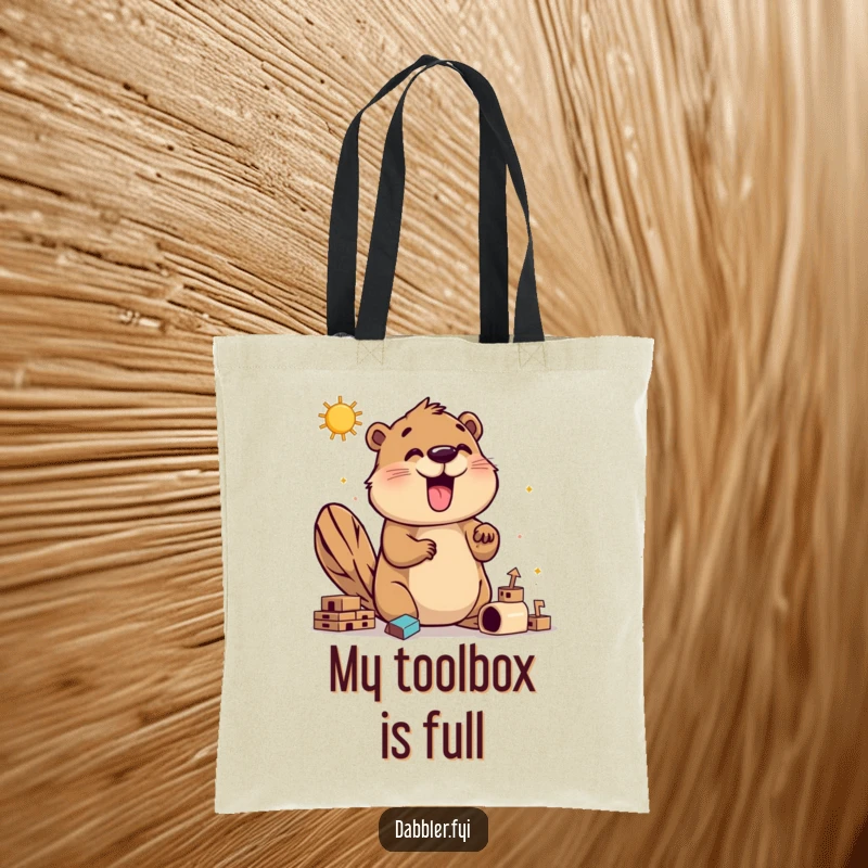 Funny beaver builder tote bag featuring a happy beaver exploring different construction methods, perfect for carrying supplies with a humorous touch.