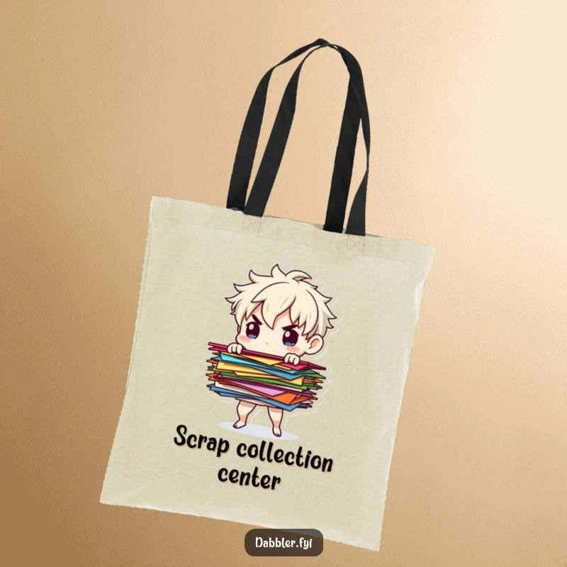 Funny paper balancer tote bag with a determined character balancing paper scraps, ideal for carrying items and showcasing order.