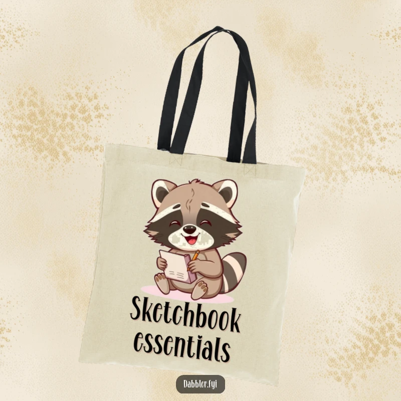 Funny Raccoon Tote Bag: A gleeful raccoon character enthusiastically sketches in a small notebook, ideal for carrying art supplies with humor.