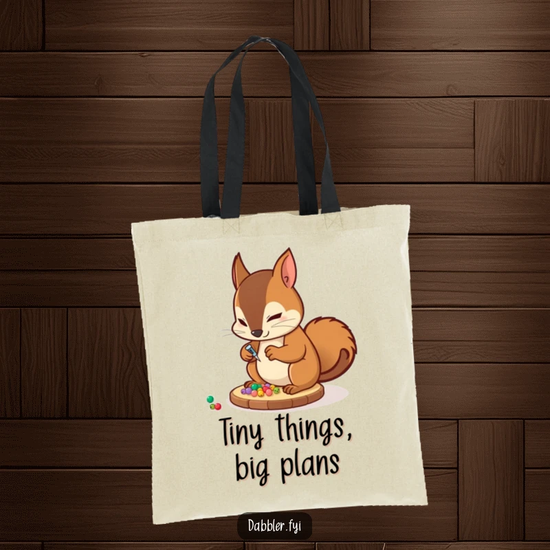 Funny Tote Bag: A determined squirrel character is engrossed in gluing tiny decorative beads onto a coaster, a humorous craft accessory.